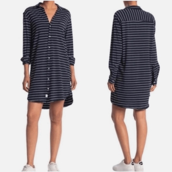 Frank & Eileen Dresses & Skirts - Frank & Eileen Blue White Striped Cotton Jersey Long Sleeve Shirt Dress - Sz XS
